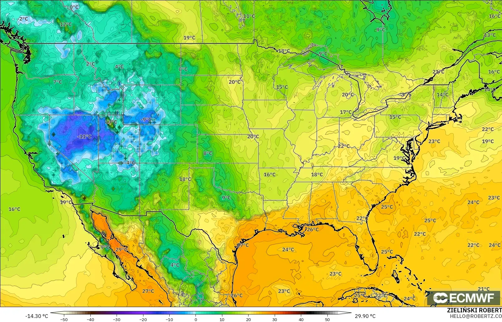 ECMWF IFS 0.25° modelo - Estados Unidos, Punto de rocío a 2 m