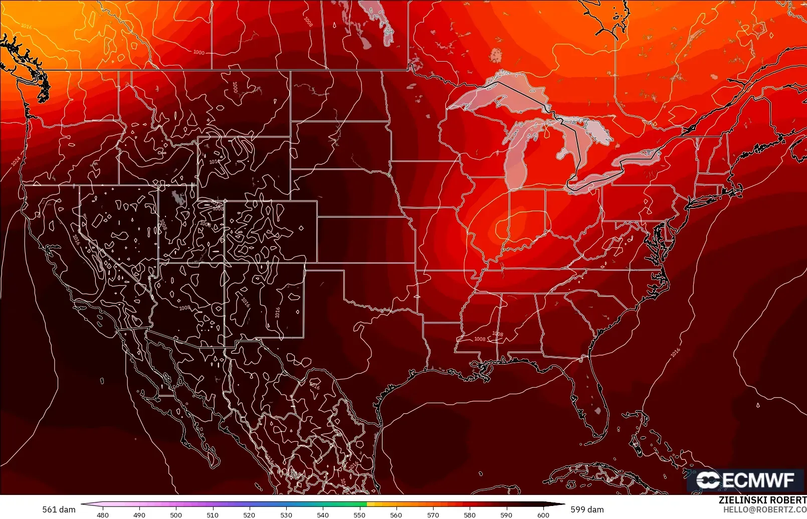 ECMWF IFS 0.25° modelo - Estados Unidos, Altura geopotencial a 500 hPa