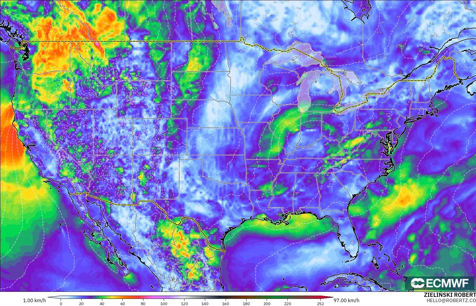 ECMWF IFS 0.25° modelo - Estados Unidos, Ráfagas de viento