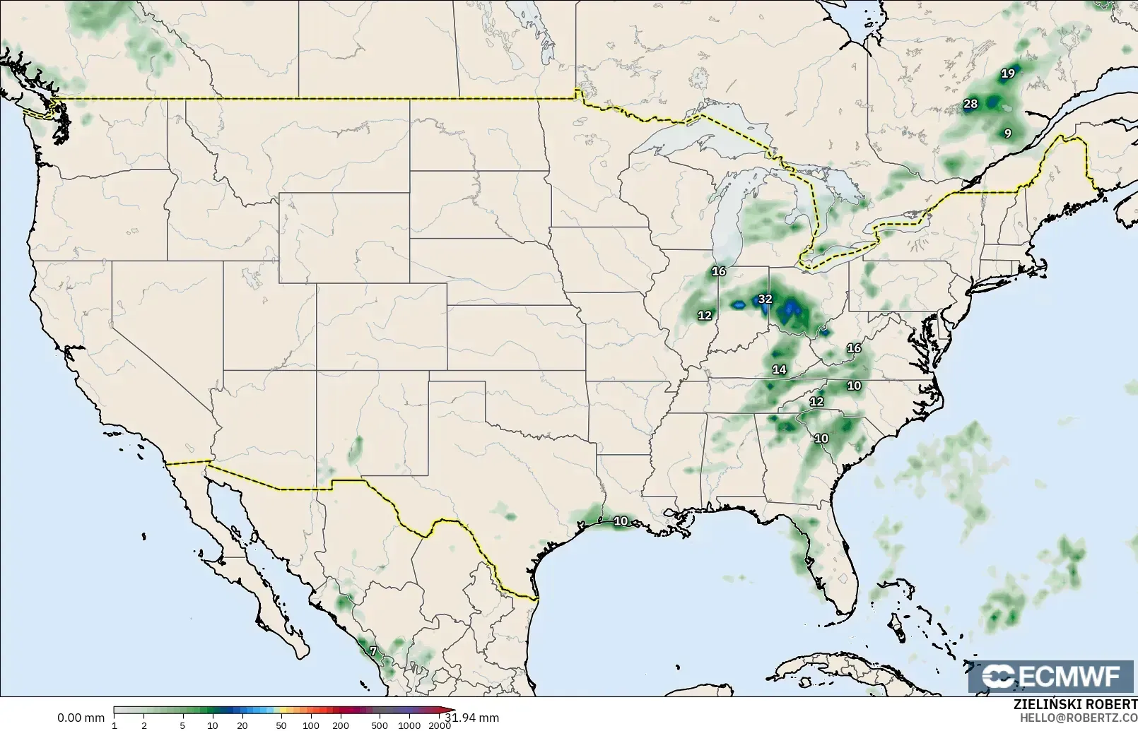 ECMWF IFS 0.25° modelo - Estados Unidos, Acumulación de precipitación