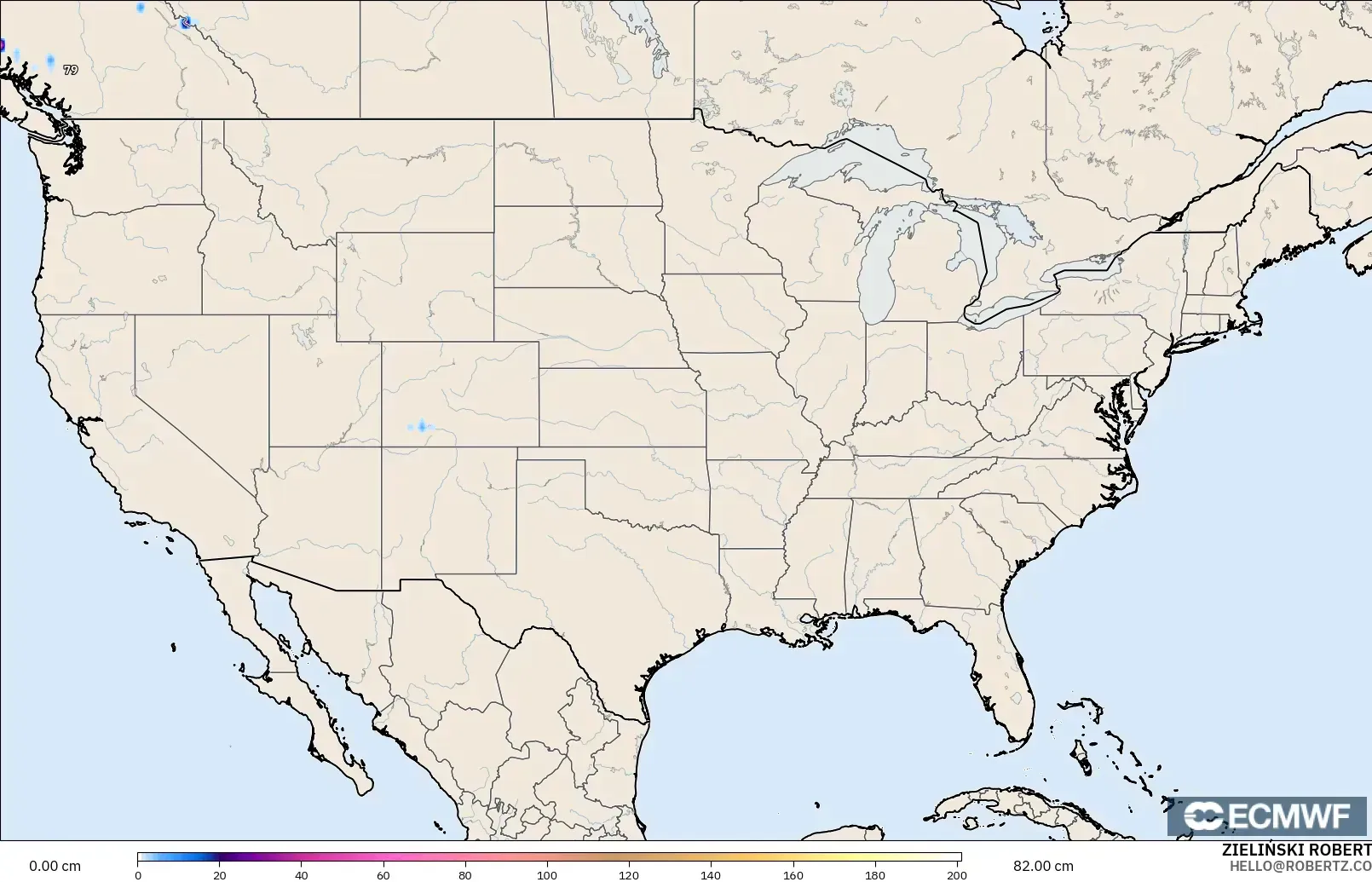 ECMWF IFS 0.25° modelo - Estados Unidos, Profundidad de nieve