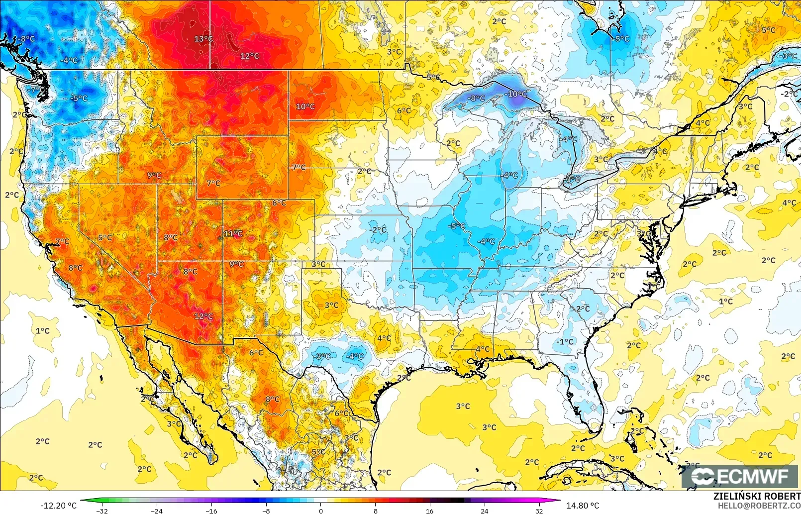 ECMWF IFS 0.25° modelo - Estados Unidos, Anomalía de temperatura a 2 m