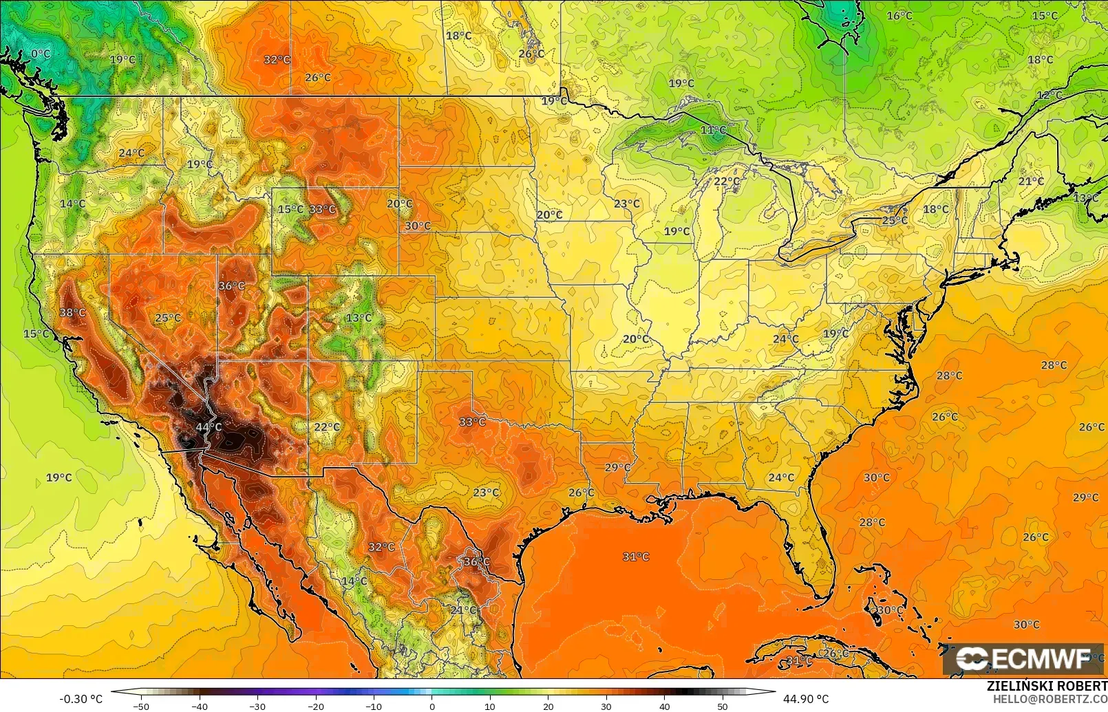 ECMWF IFS 0.25° modelo - Estados Unidos, Temperatura a 2 m