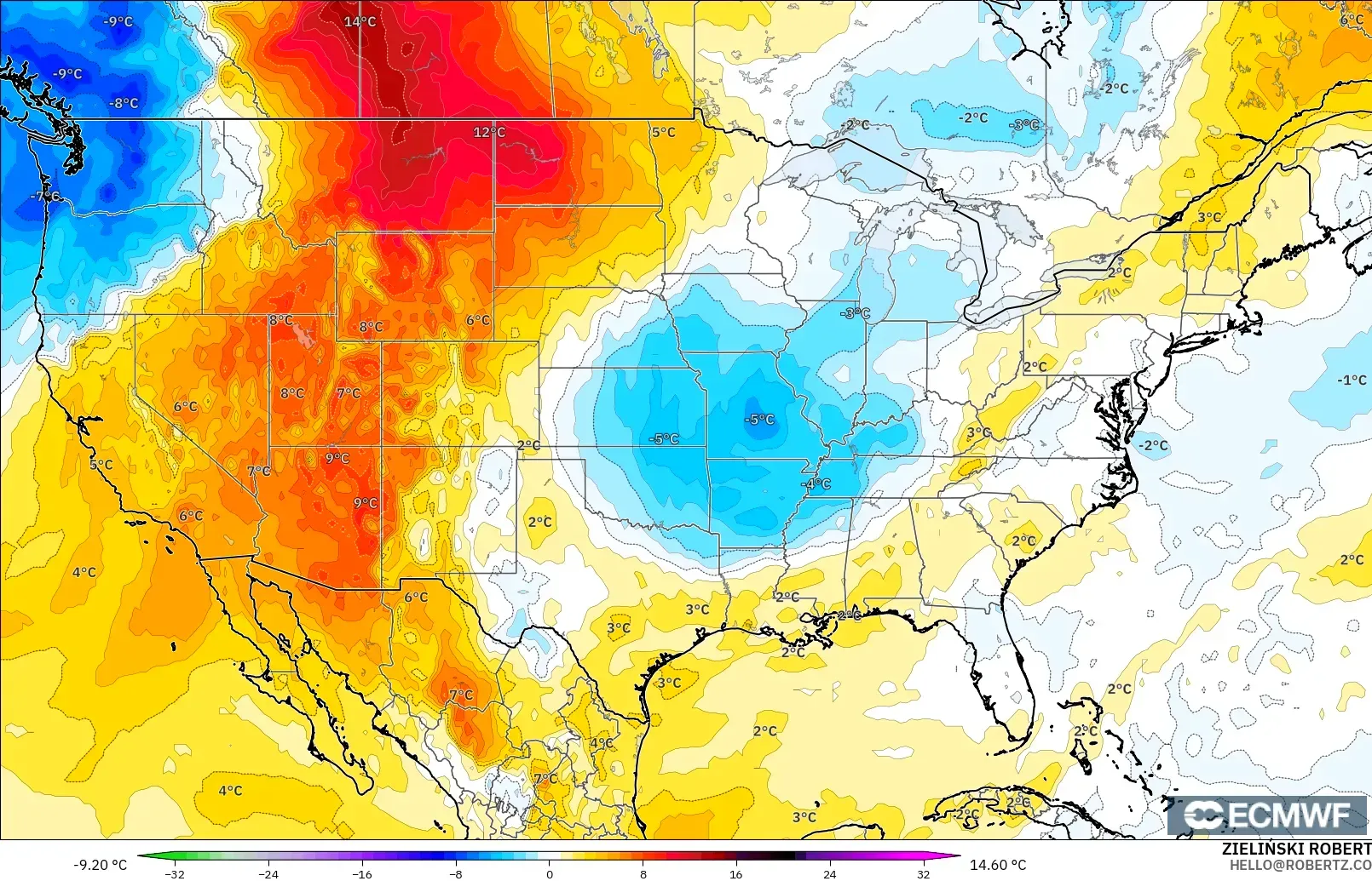 ECMWF IFS 0.25° modelo - Estados Unidos, Anomalía de temperatura a 850 hPa