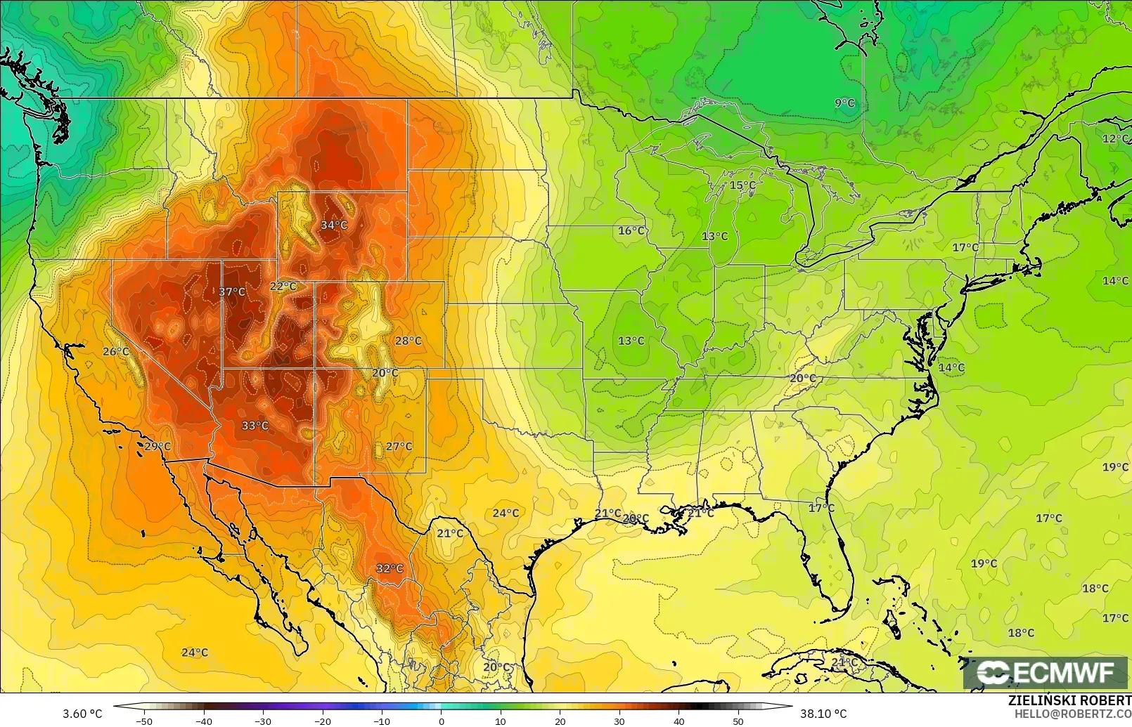 ECMWF IFS 0.25° modelo - Estados Unidos, Temperatura a 850 hPa