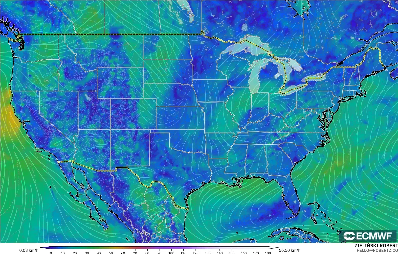 ECMWF IFS 0.25° modelo - Estados Unidos, Viento a 10 m