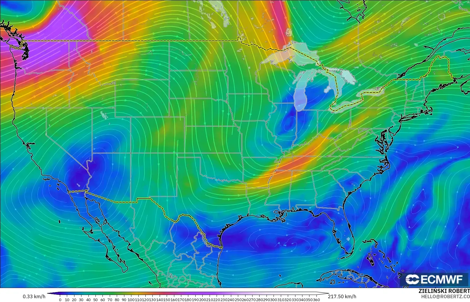 ECMWF IFS 0.25° modelo - Estados Unidos, Viento a 300 hPa (corriente en chorro)