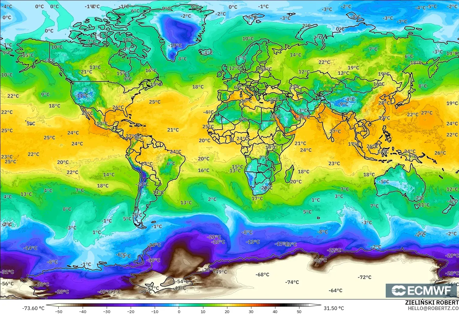 ECMWF IFS 0.25° modelo - Mundo, Punto de rocío a 2 m