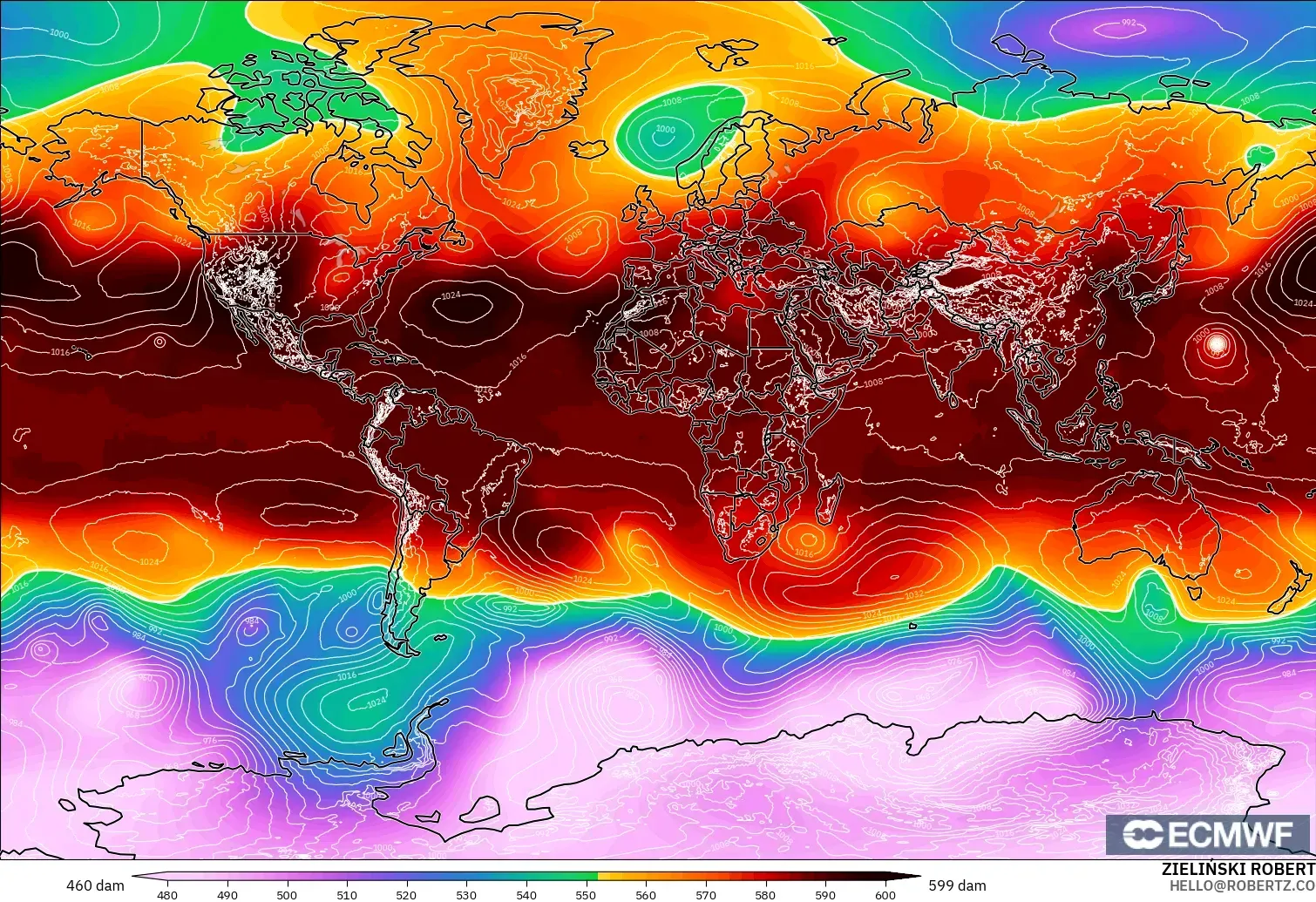 ECMWF IFS 0.25° modelo - Mundo, Altura geopotencial a 500 hPa