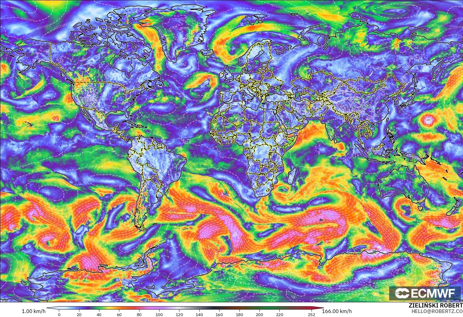 ECMWF IFS 0.25° modelo - Mundo, Ráfagas de Viento Máximas