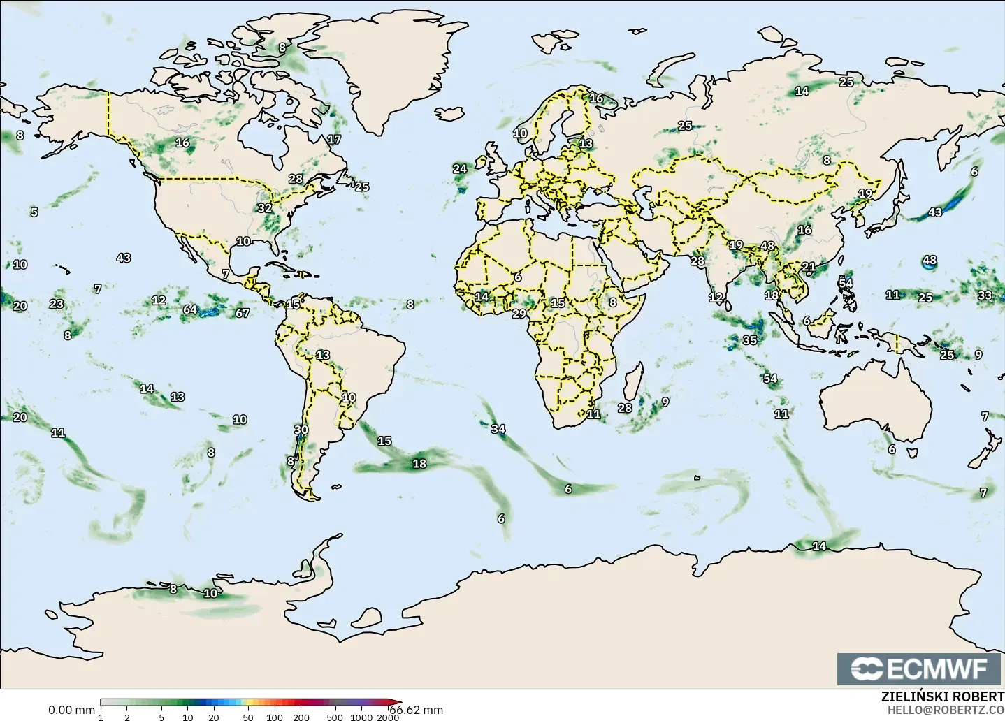 ECMWF IFS 0.25° modelo - Mundo, Acumulación de precipitación