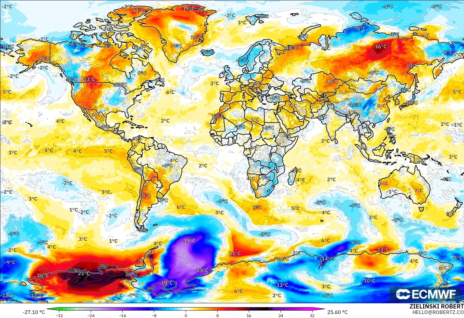 ECMWF IFS 0.25° modelo - Mundo, Anomalía de temperatura a 2 m