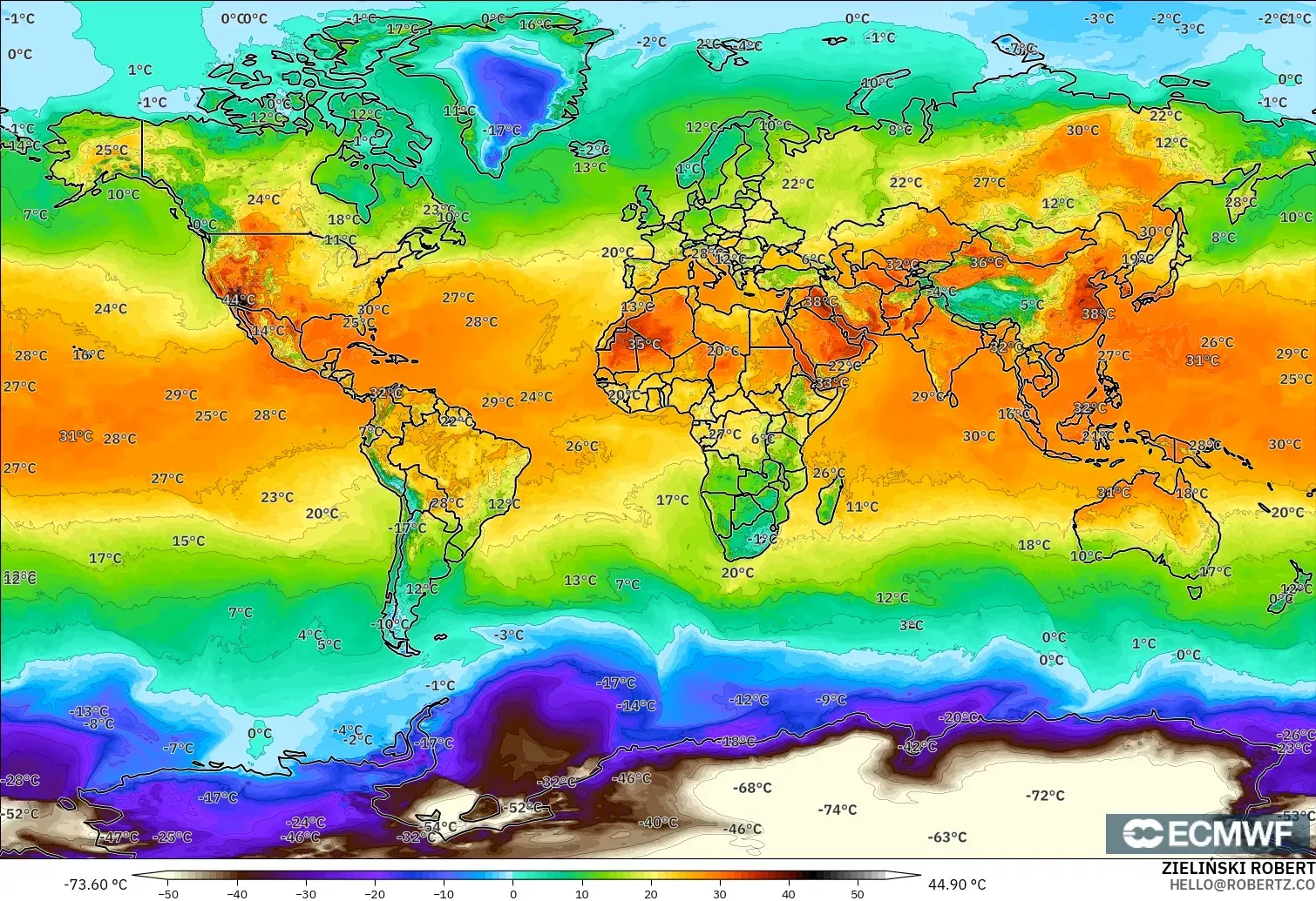 ECMWF IFS 0.25° modelo - Mundo, Temperatura a 2 m