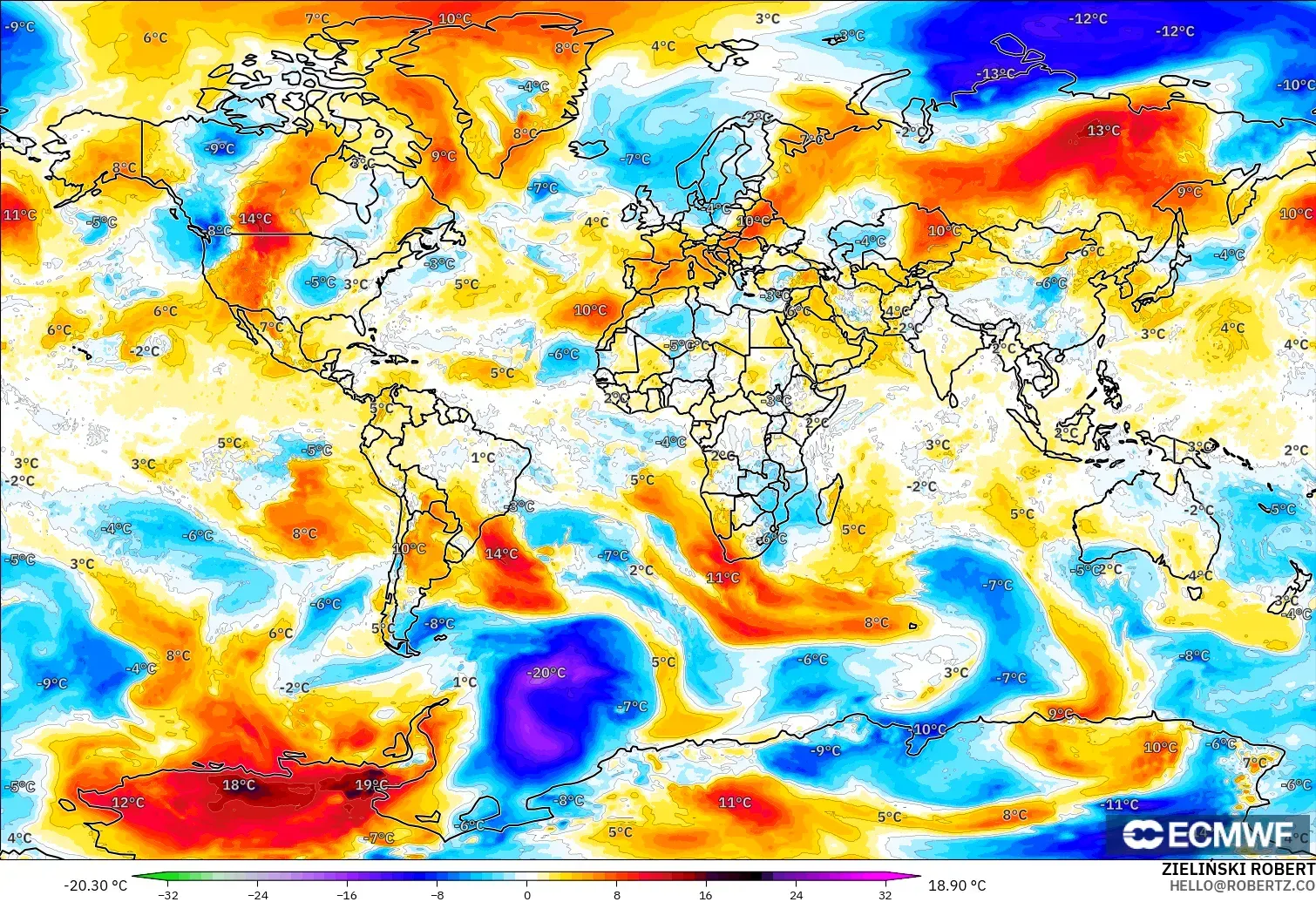 ECMWF IFS 0.25° modelo - Mundo, Anomalía de temperatura a 850 hPa