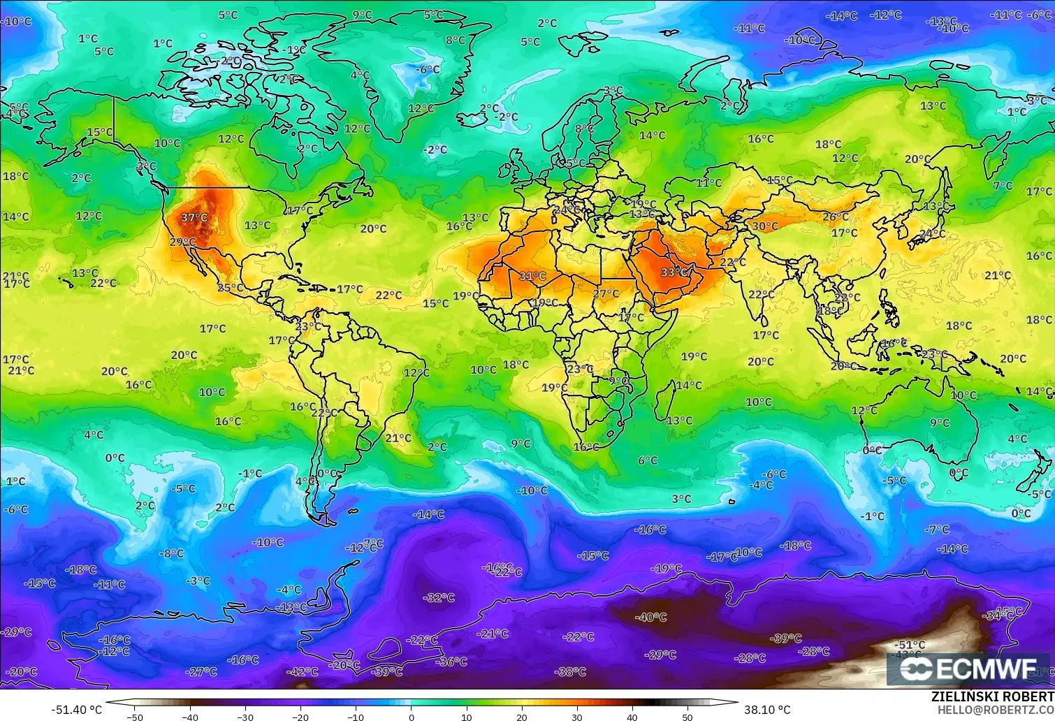 ECMWF IFS 0.25° modelo - Mundo, Temperatura a 850 hPa