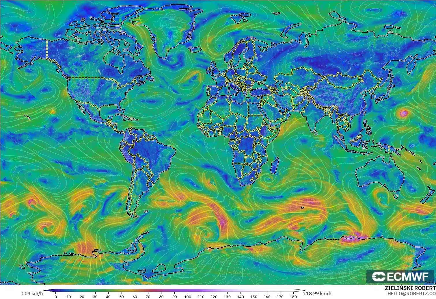 ECMWF IFS 0.25° modelo - Mundo, Viento a 10 m
