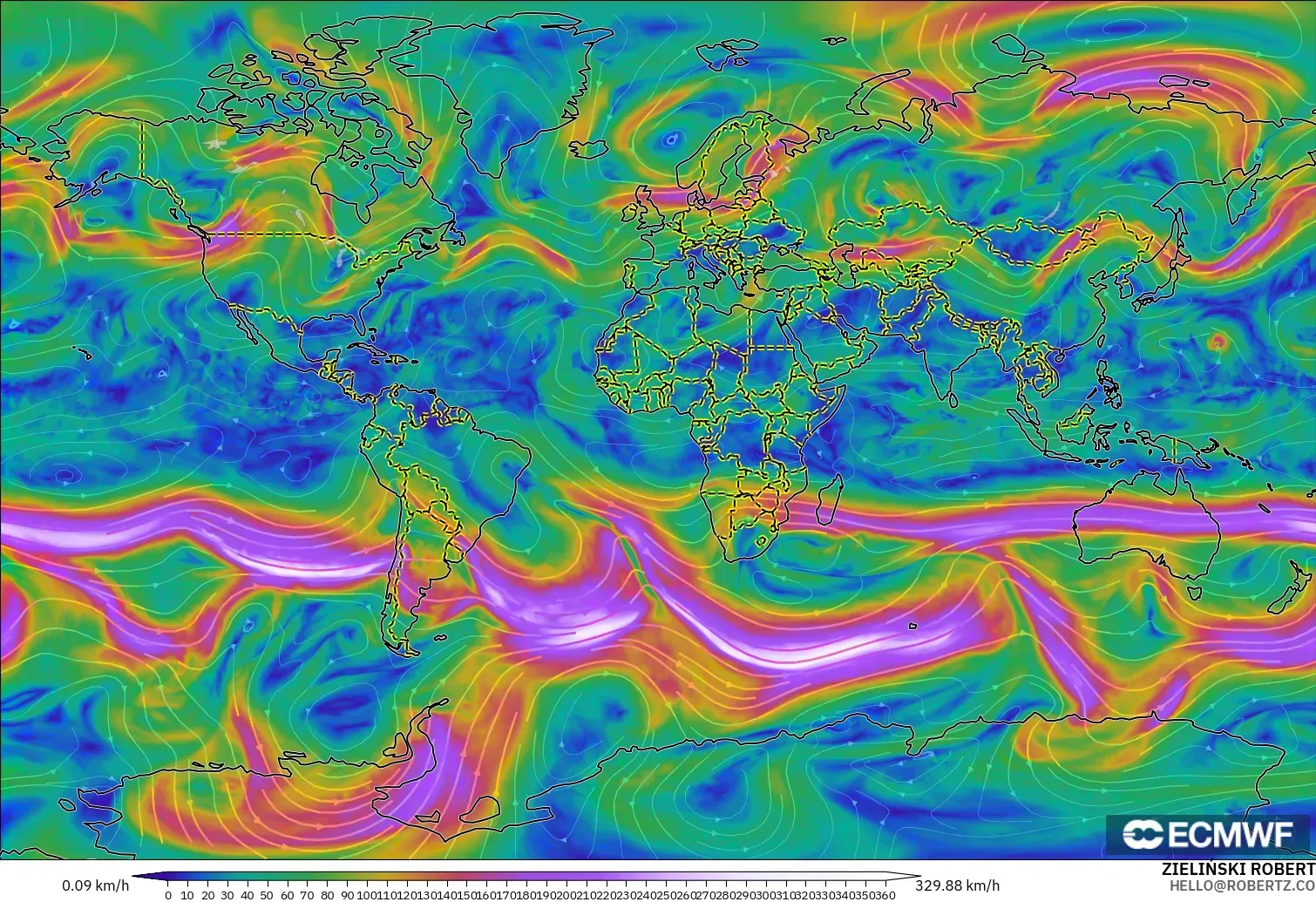 ECMWF IFS 0.25° modelo - Mundo, Viento a 300 hPa (corriente en chorro)