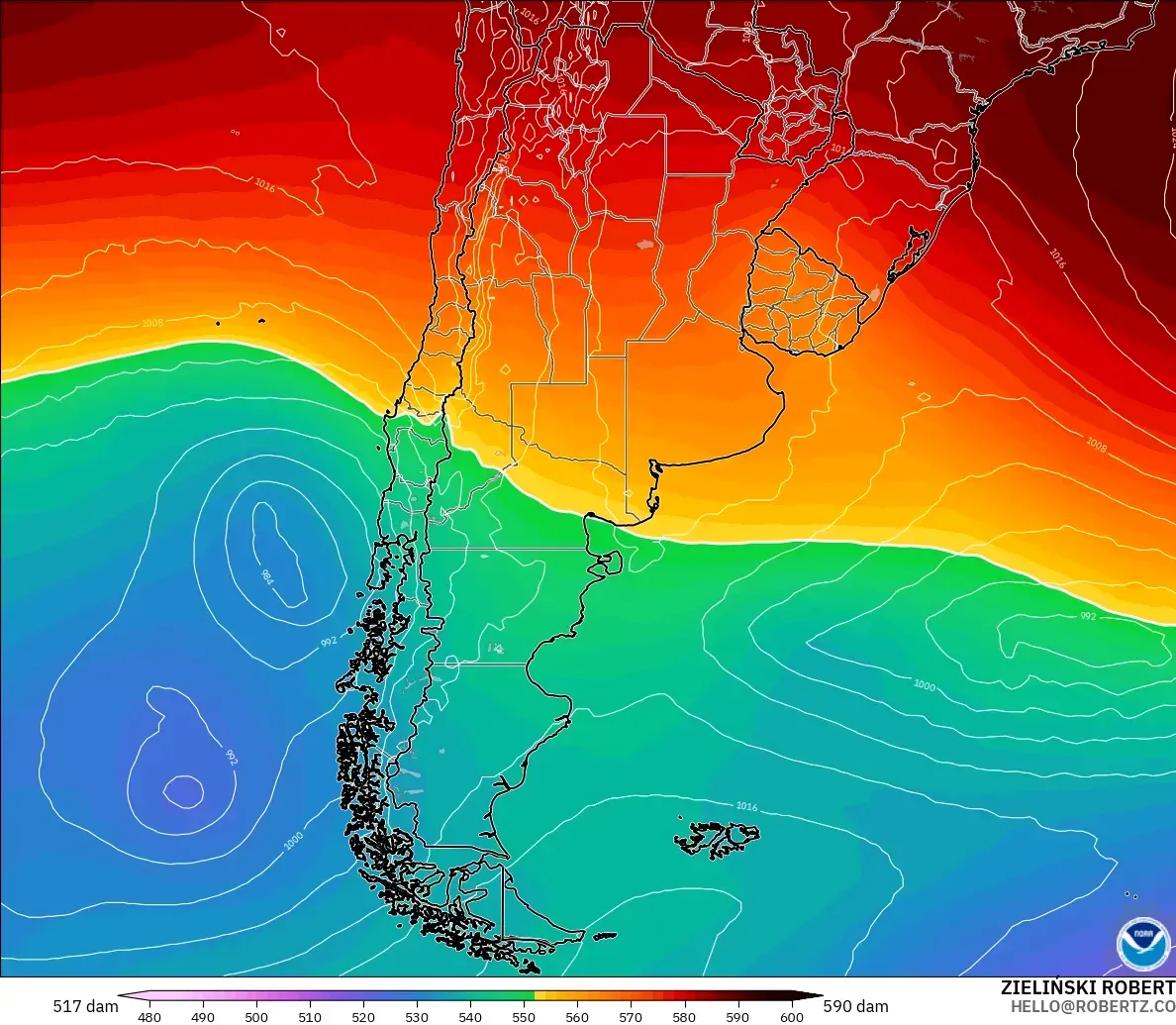GFS modelo - Argentina, Altura geopotencial a 500 hPa