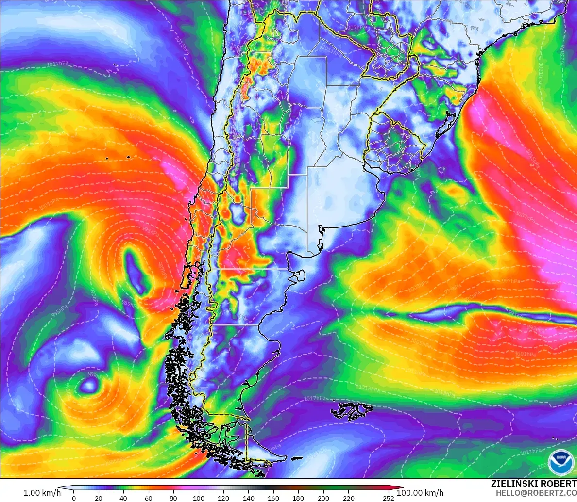 GFS modelo - Argentina, Ráfagas de viento