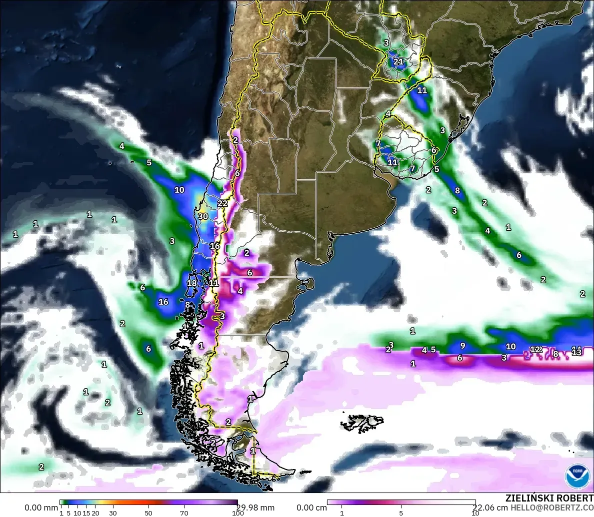 GFS modelo - Argentina, Precipitación, nubes y presión