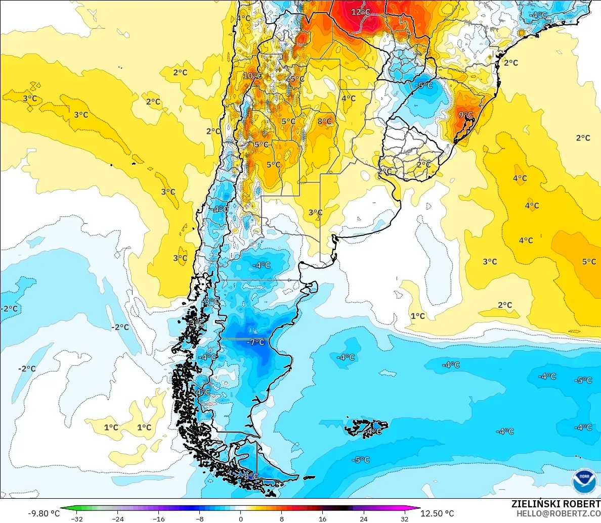 GFS modelo - Argentina, Anomalía de temperatura a 2 m