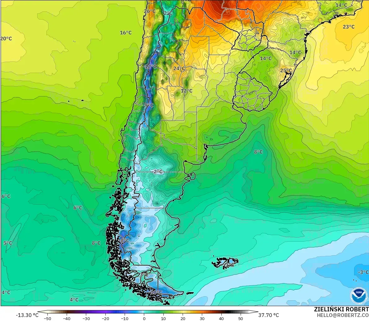 GFS modelo - Argentina, Temperatura a 2 m