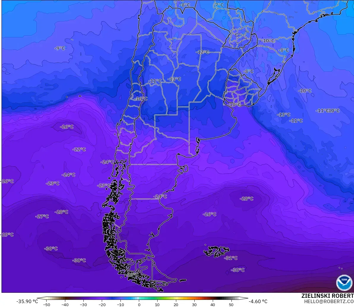 GFS modelo - Argentina, Temperatura a 500 hPa