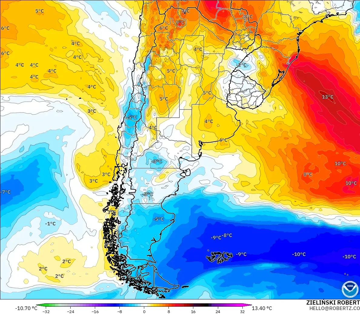 GFS modelo - Argentina, Anomalía de temperatura a 850 hPa