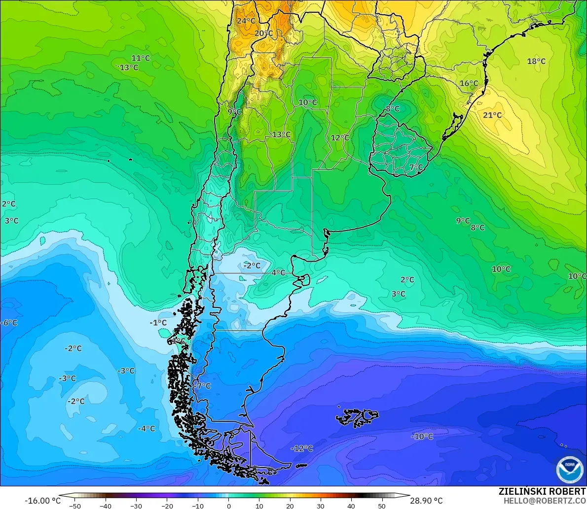 GFS modelo - Argentina, Temperatura a 850 hPa