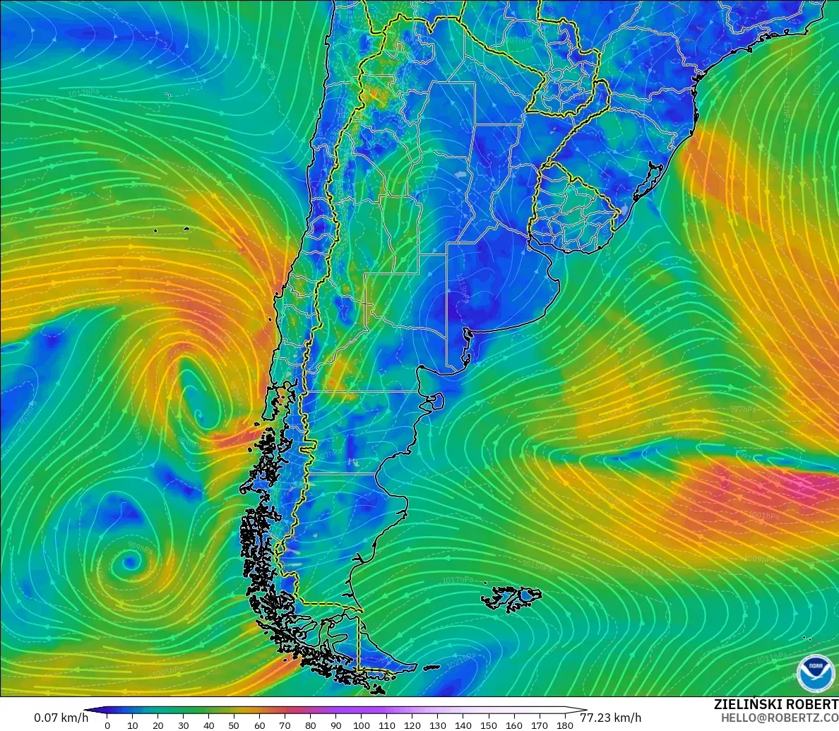 GFS modelo - Argentina, Viento a 10 m