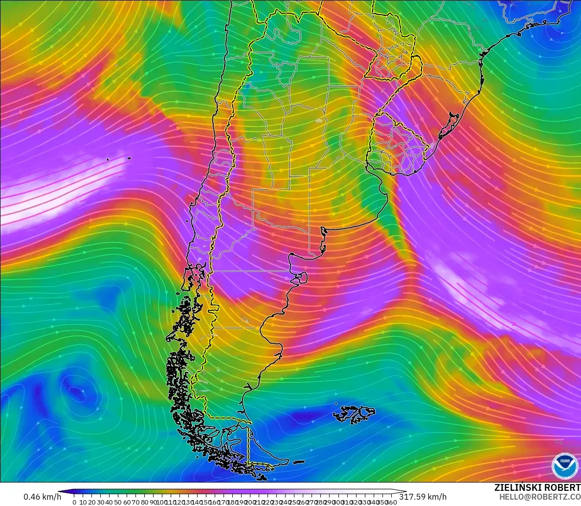 GFS modelo - Argentina, Viento a 300 hPa (corriente en chorro)