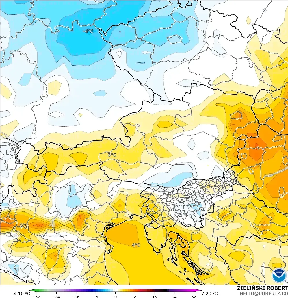 GFS modelo - Austria, Anomalía de temperatura a 2 m