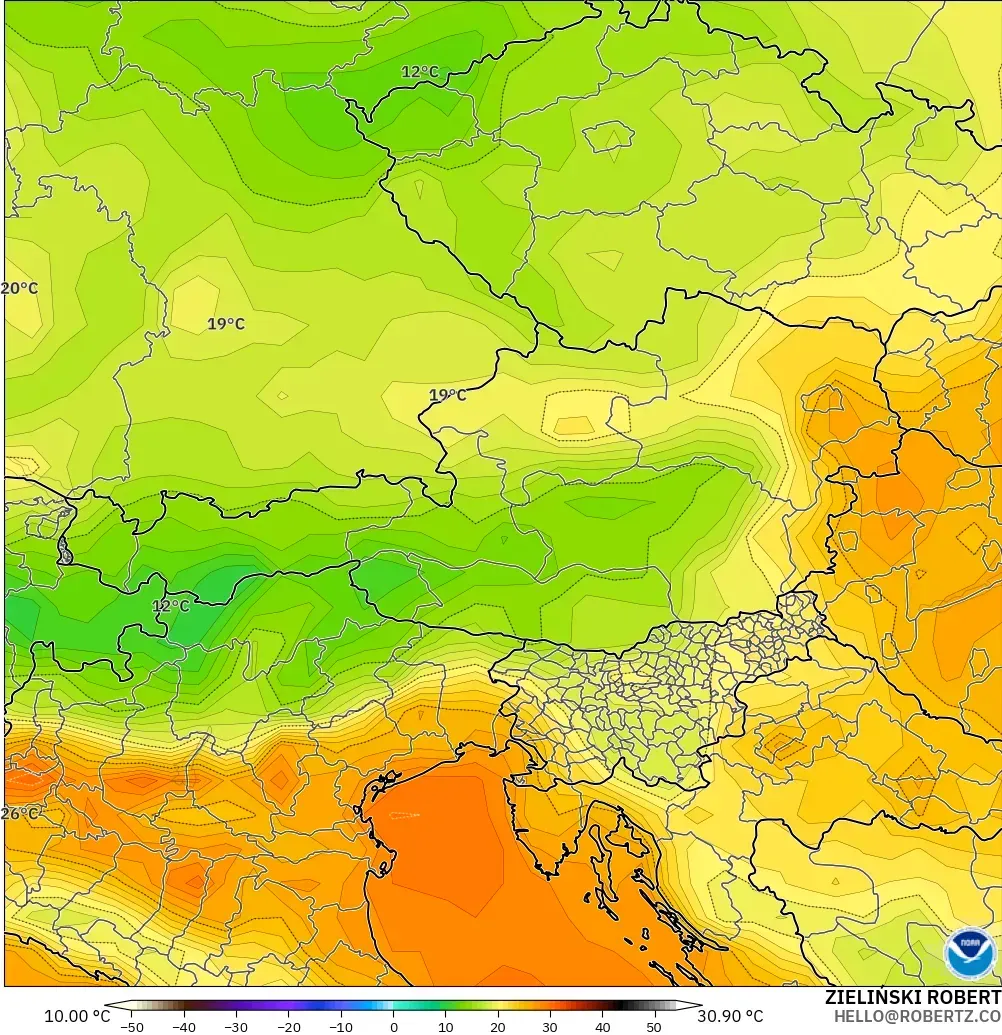GFS modelo - Austria, Temperatura a 2 m