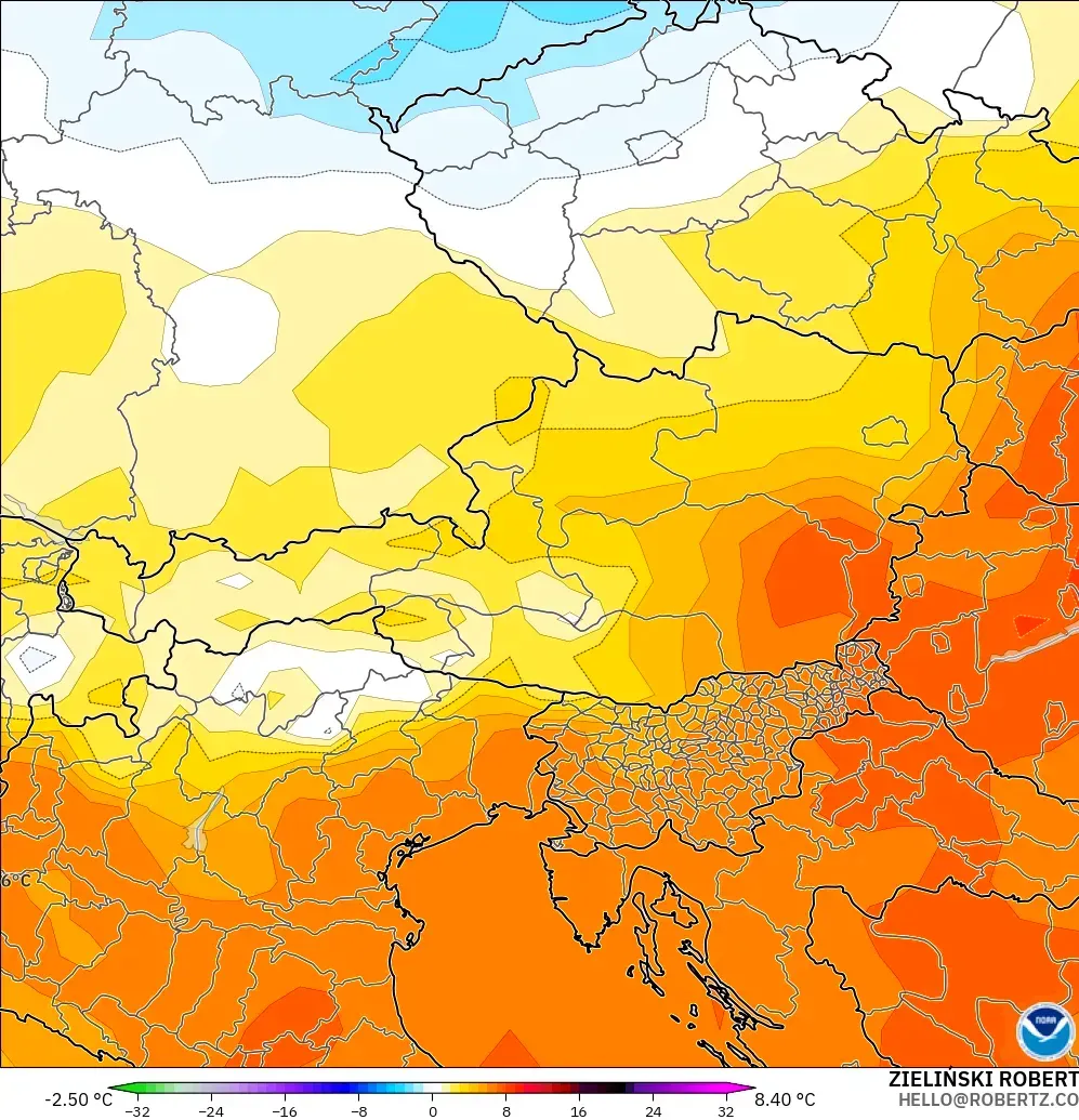 GFS modelo - Austria, Anomalía de temperatura a 850 hPa
