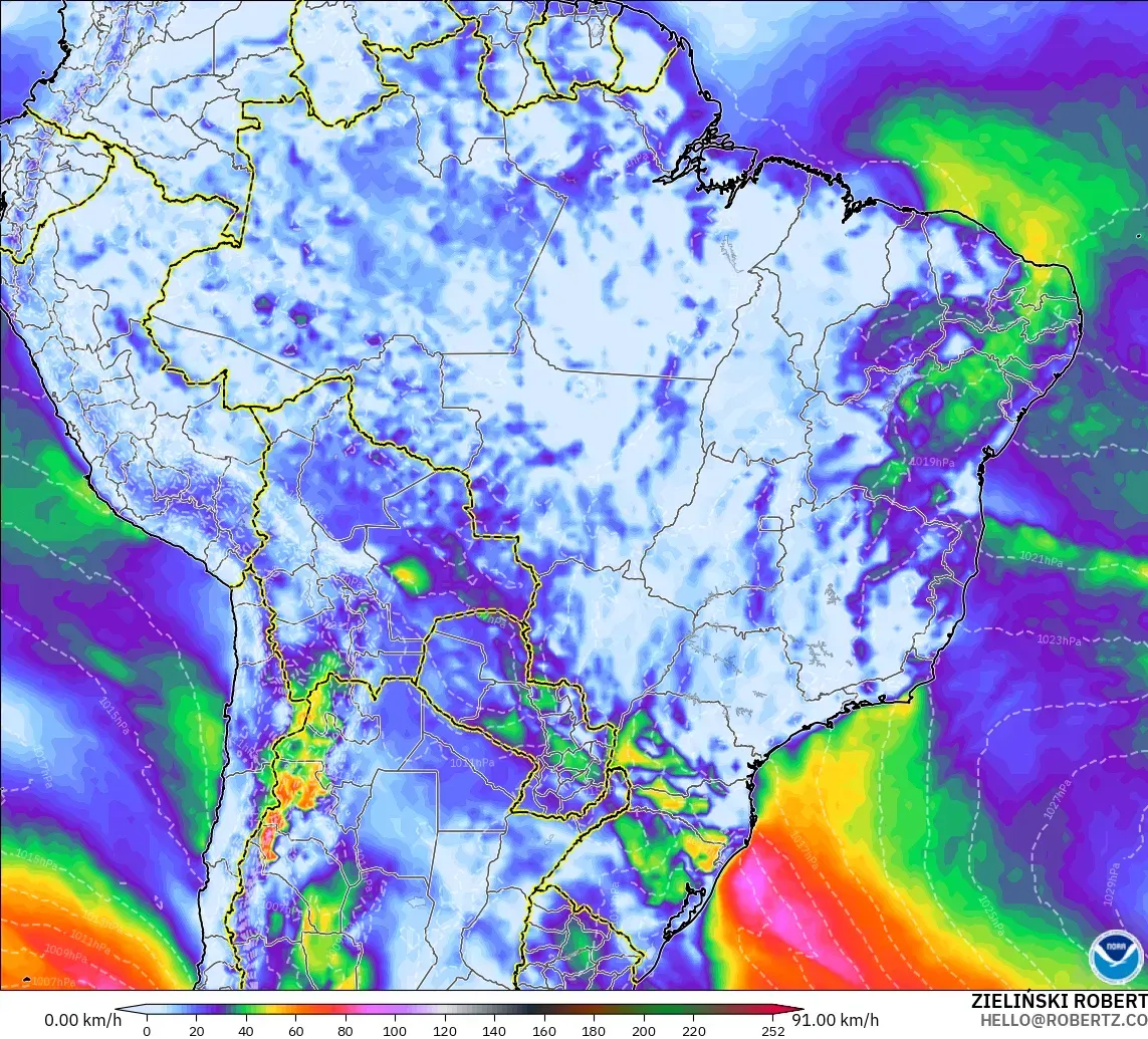 GFS modelo - Brasil, Ráfagas de viento