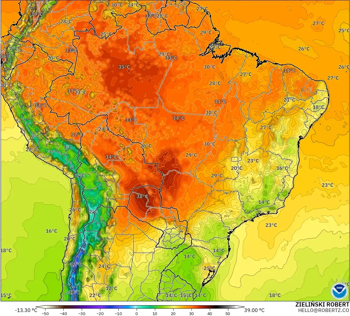GFS modelo - Brasil, Temperatura a 2 m