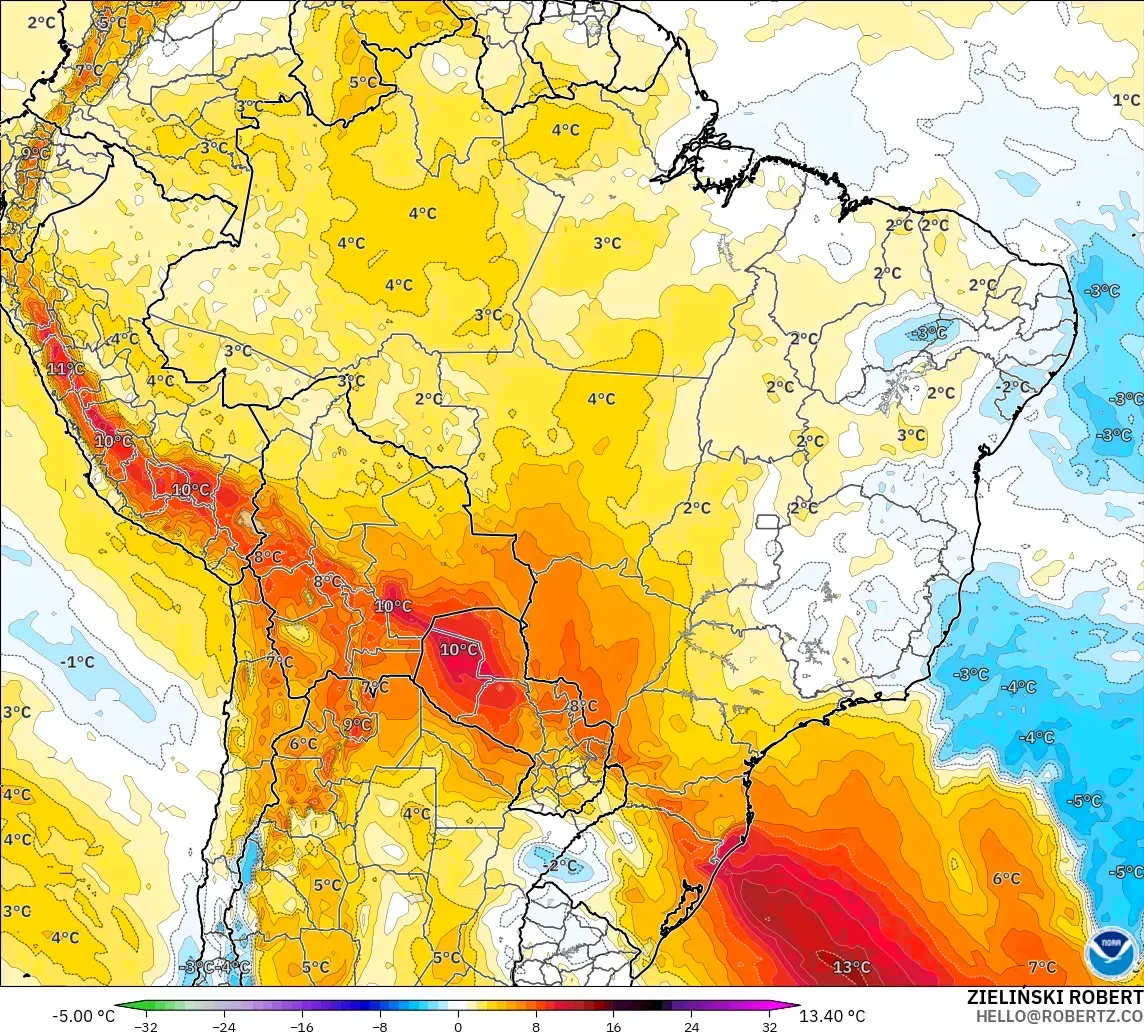 GFS modelo - Brasil, Anomalía de temperatura a 850 hPa