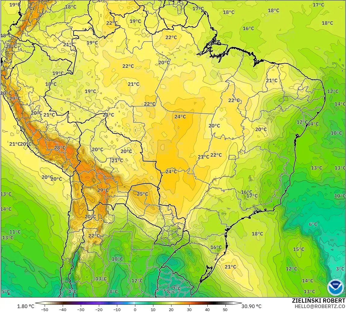 GFS modelo - Brasil, Temperatura a 850 hPa