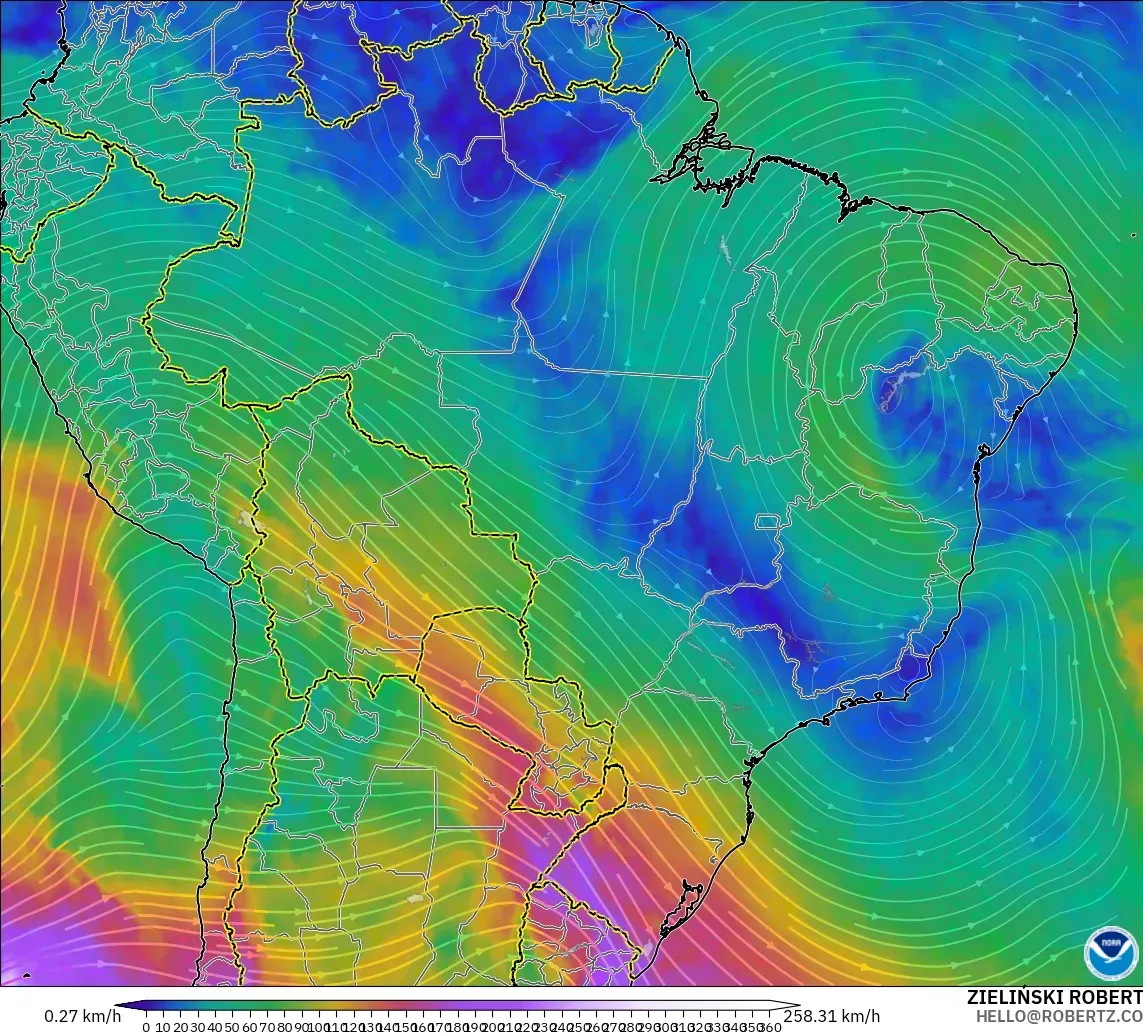 GFS modelo - Brasil, Viento a 300 hPa (corriente en chorro)