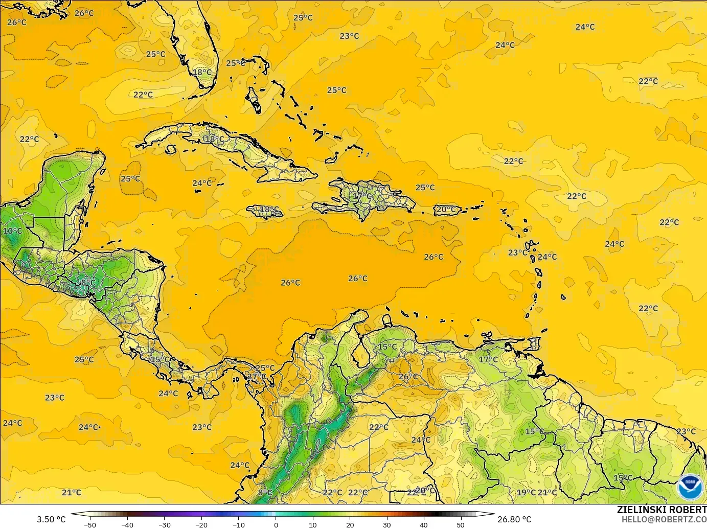 GFS modelo - Caribe, Punto de rocío a 2 m