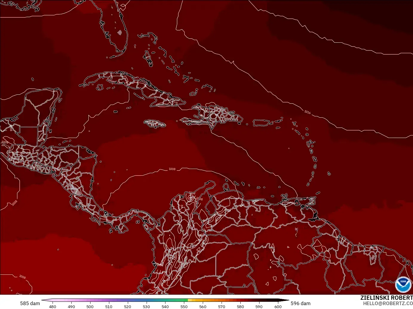 GFS modelo - Caribe, Altura geopotencial a 500 hPa