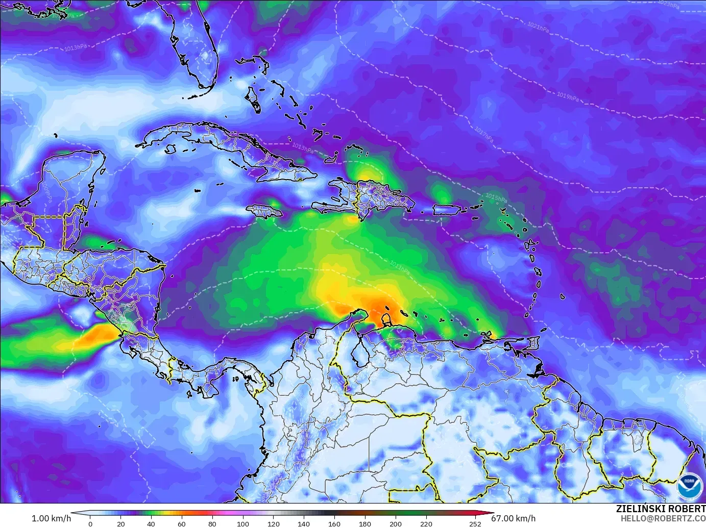 GFS modelo - Caribe, Ráfagas de viento