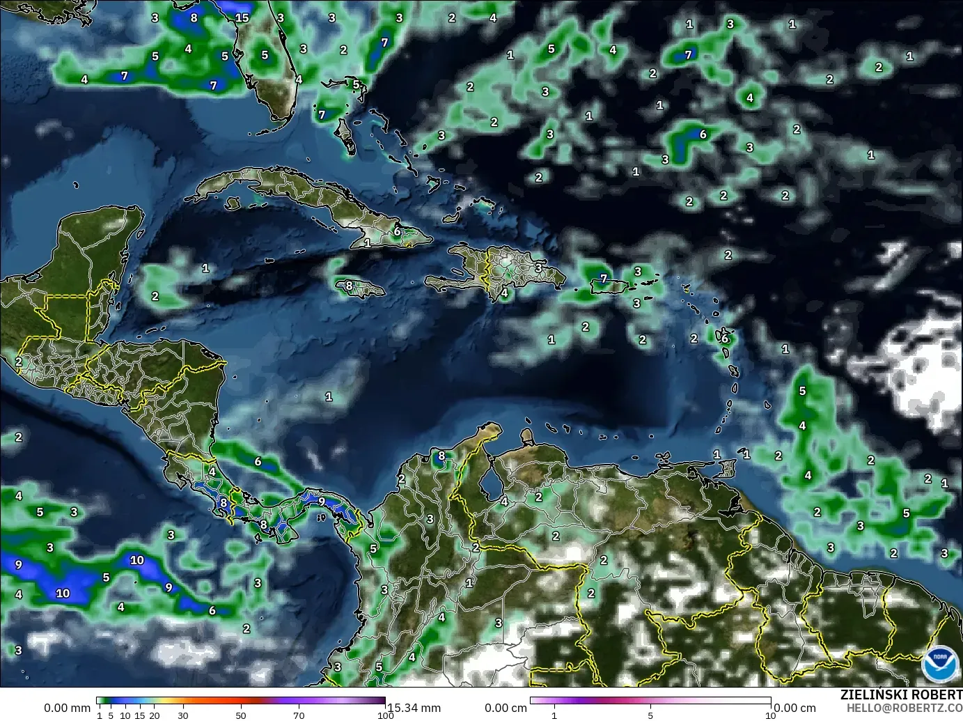 GFS modelo - Caribe, Precipitación, nubes y presión