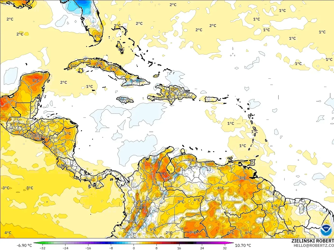 GFS modelo - Caribe, Anomalía de temperatura a 2 m