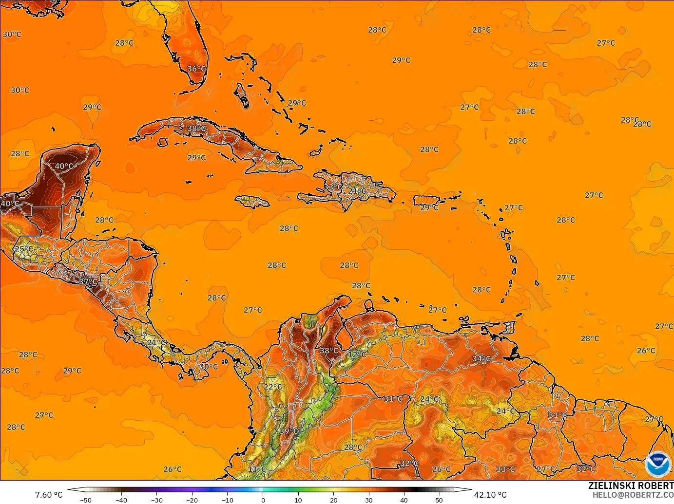 GFS modelo - Caribe, Temperatura a 2 m