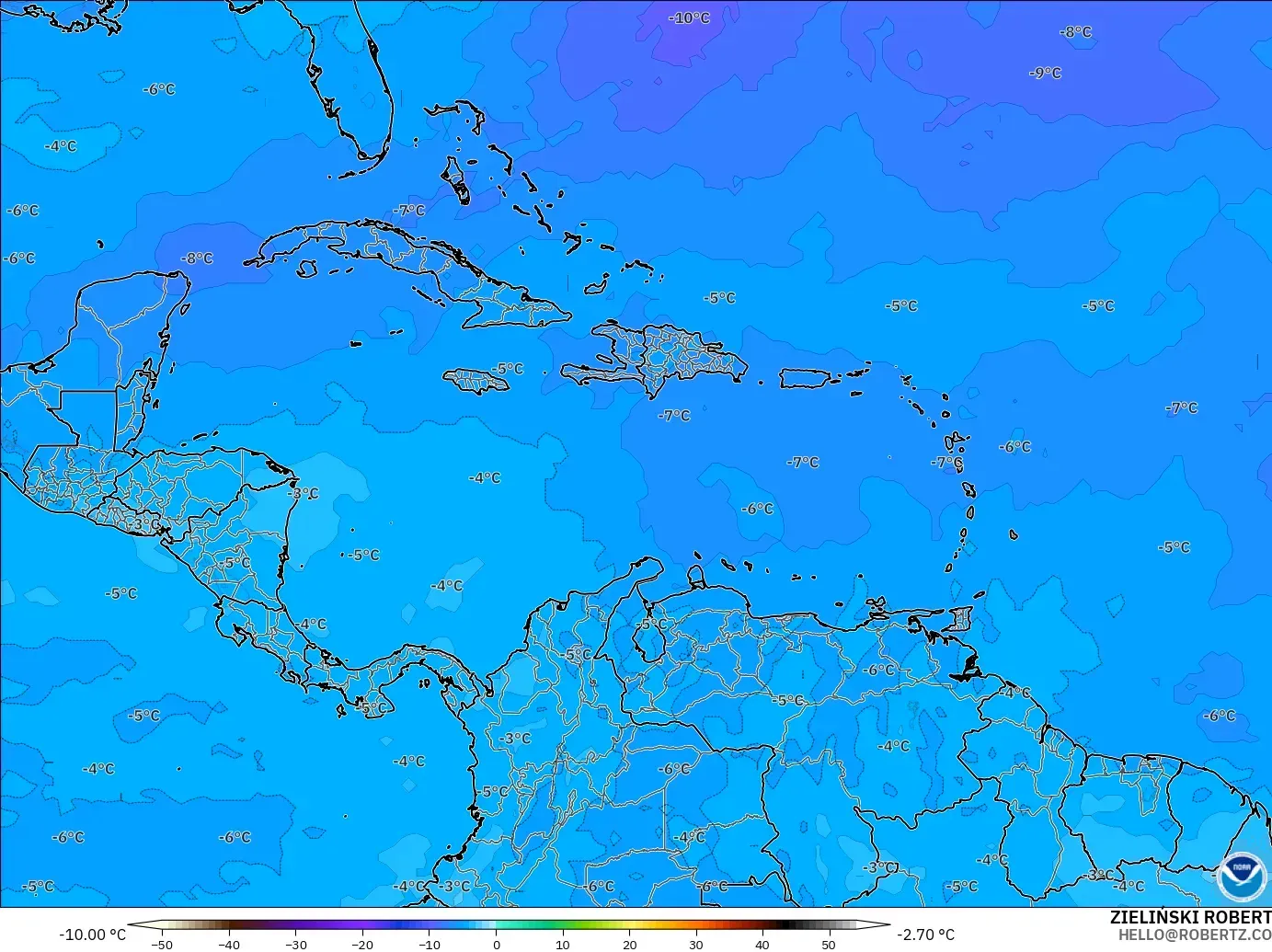 GFS modelo - Caribe, Temperatura a 500 hPa
