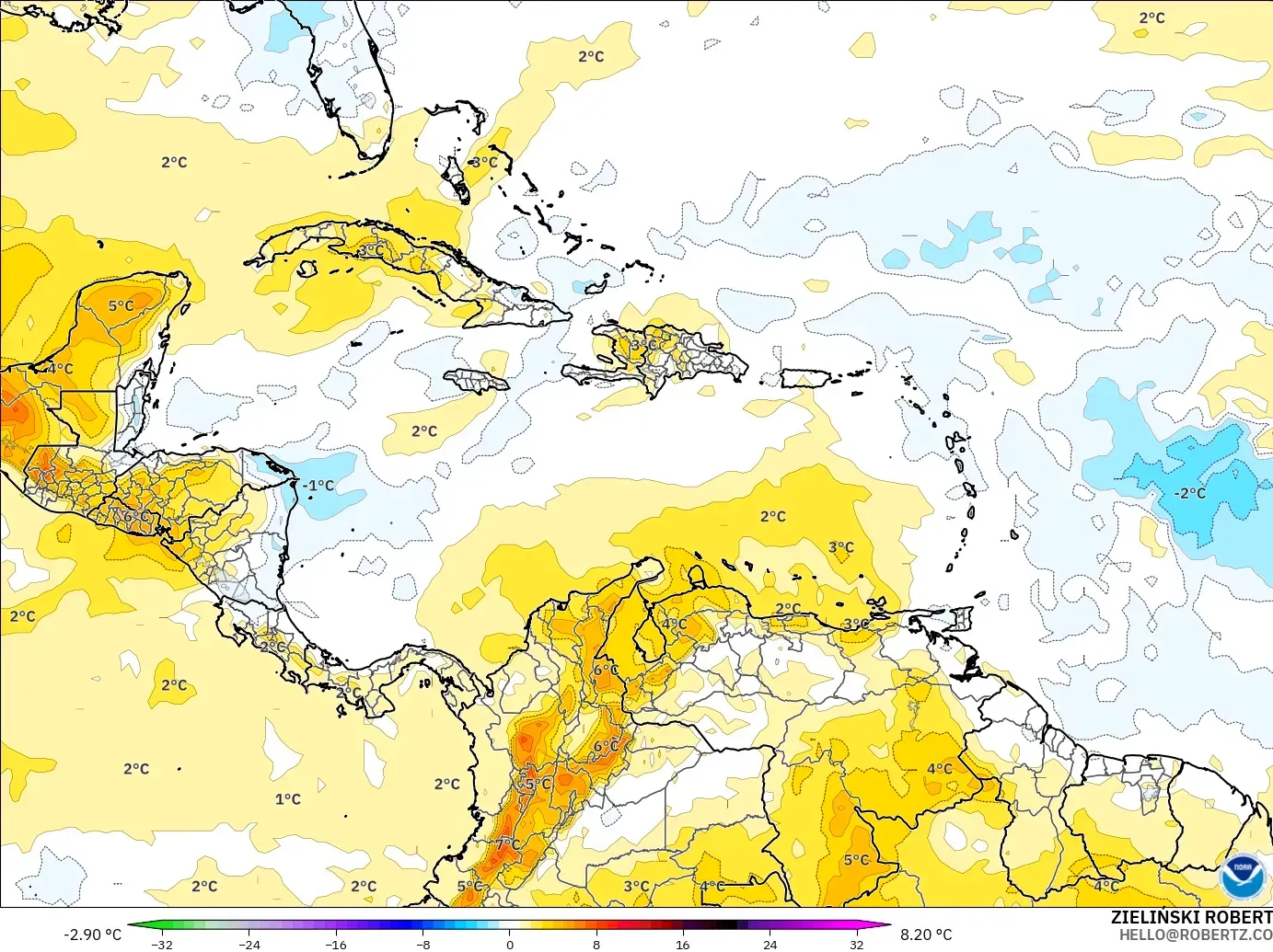 GFS modelo - Caribe, Anomalía de temperatura a 850 hPa