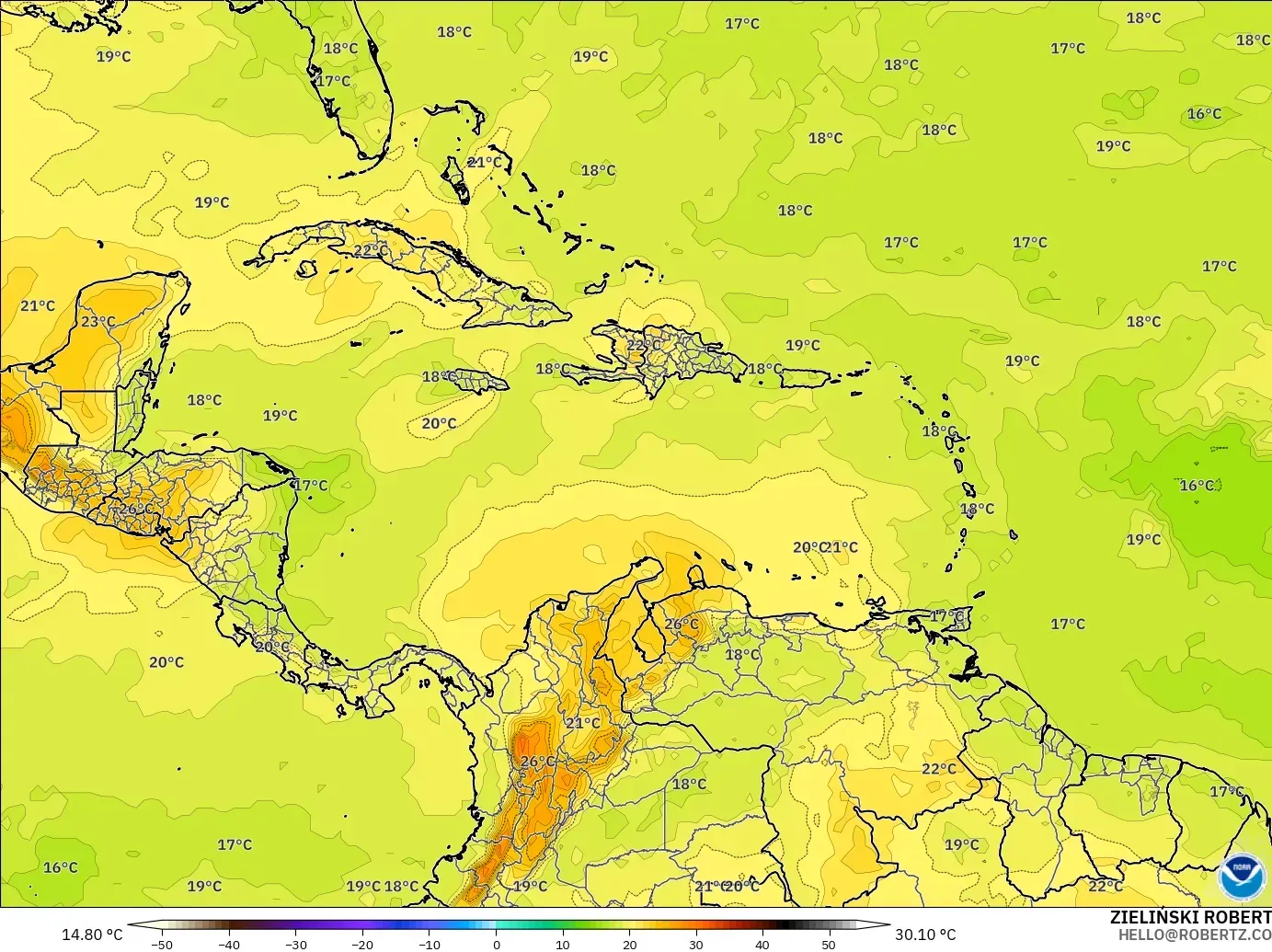 GFS modelo - Caribe, Temperatura a 850 hPa