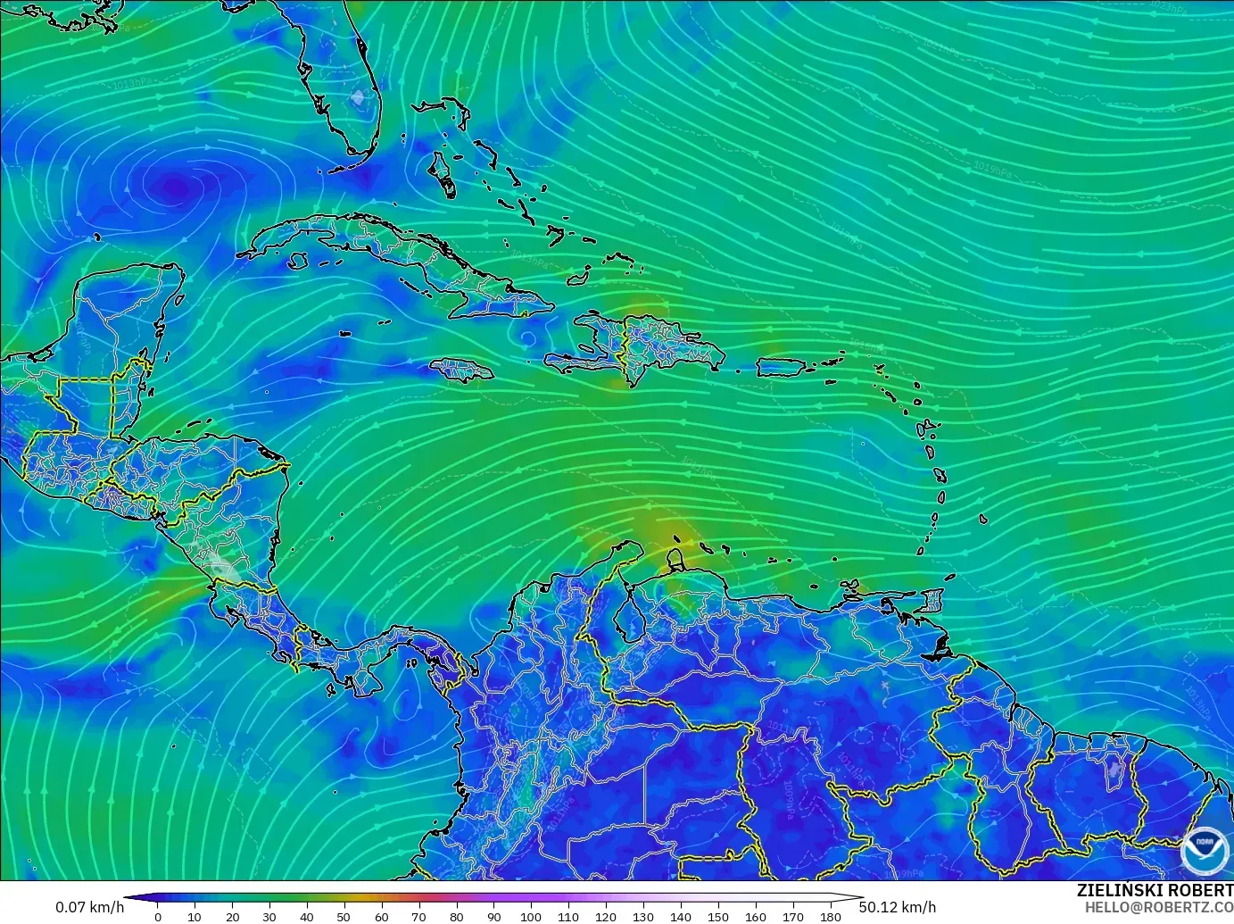 GFS modelo - Caribe, Viento a 10 m