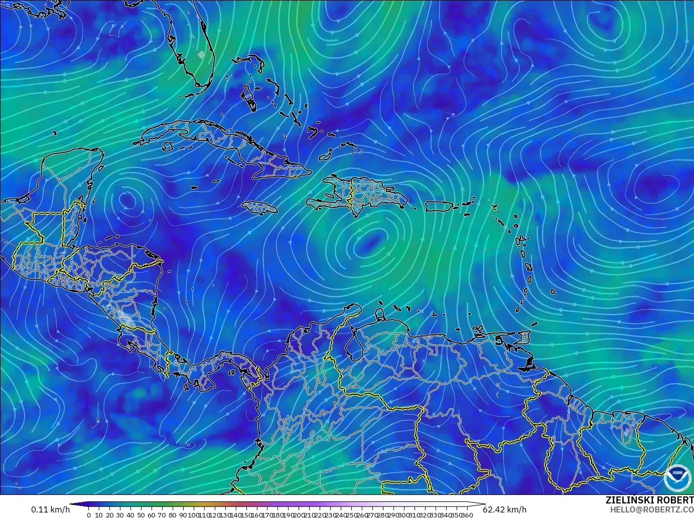 GFS modelo - Caribe, Viento a 300 hPa (corriente en chorro)